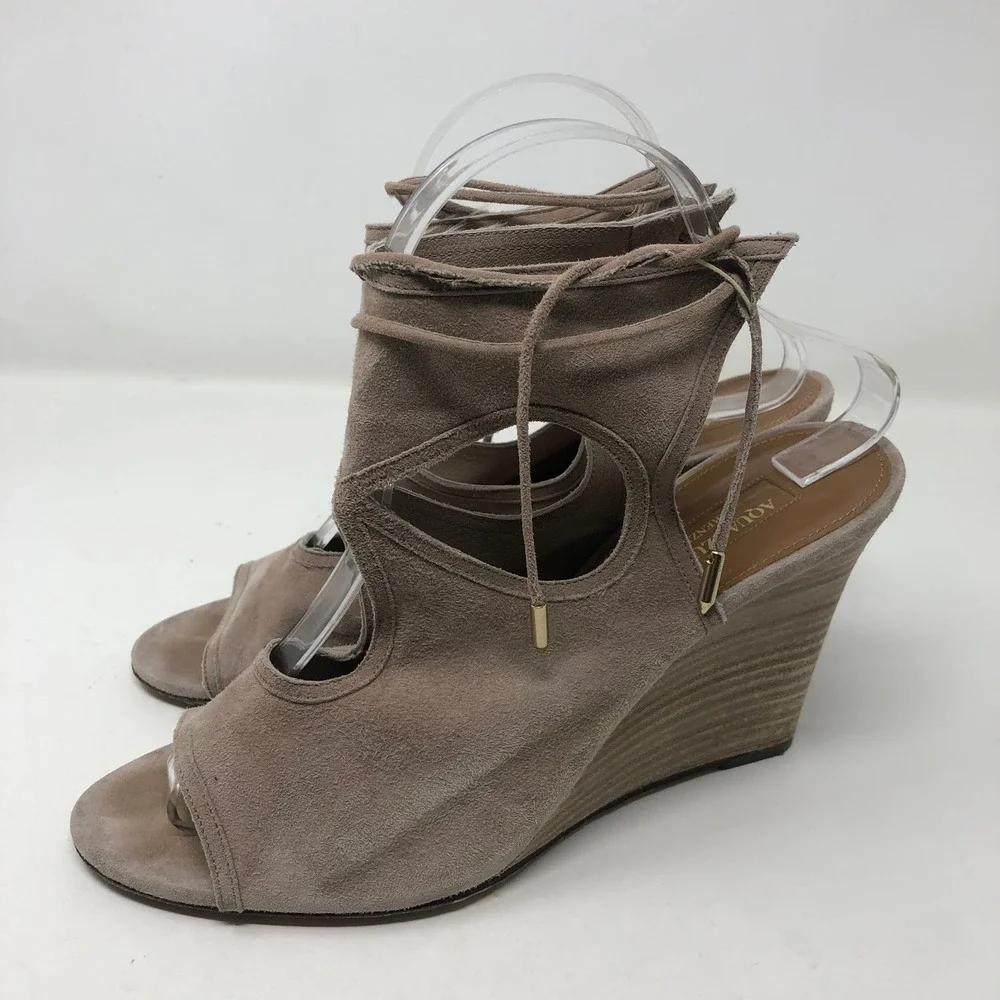 Aquazzura Belgravia Wedge Sandal Women 40 US 10 Taupe Suede Lace Up Cutout Italy